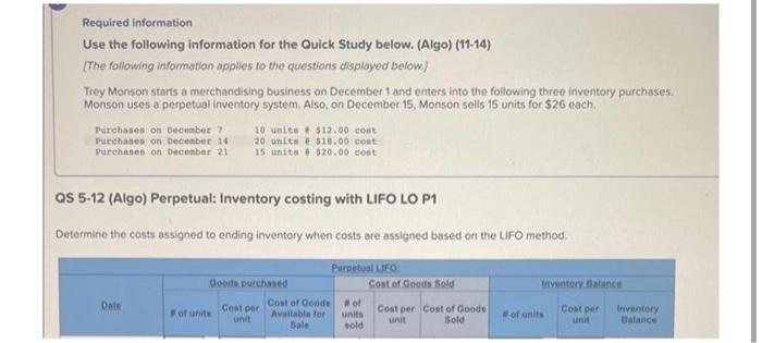  Required information Use the following information for the Ouick Study below.