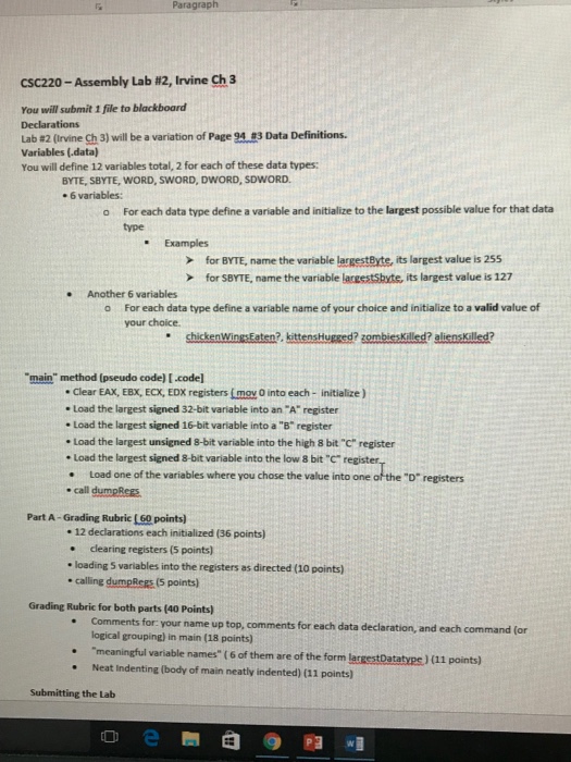  On visual studio basic c++ Paragraph CSC220-Assembly Lab #2, Irvine Ch