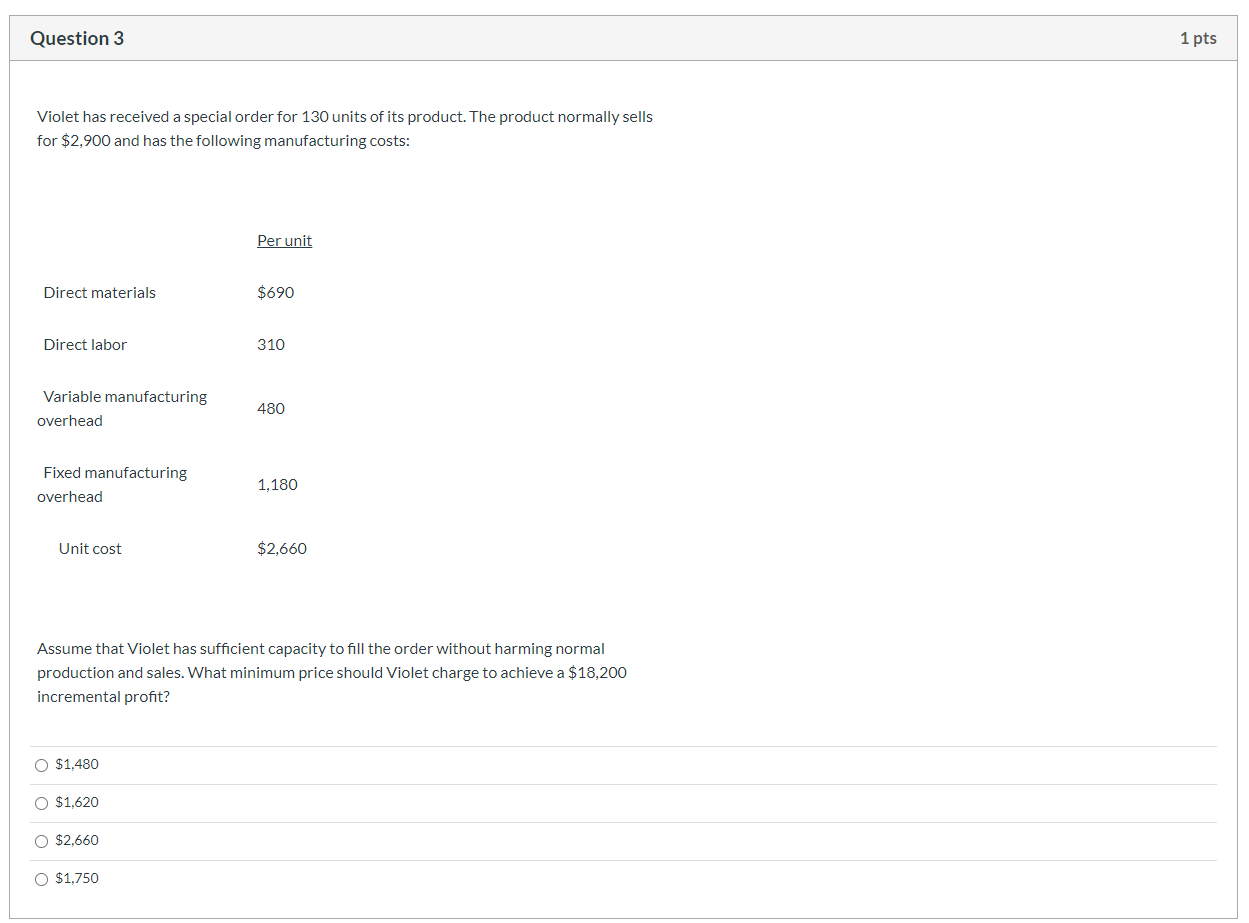 product normally sells for $290 and has the following manufacturing costs: Per