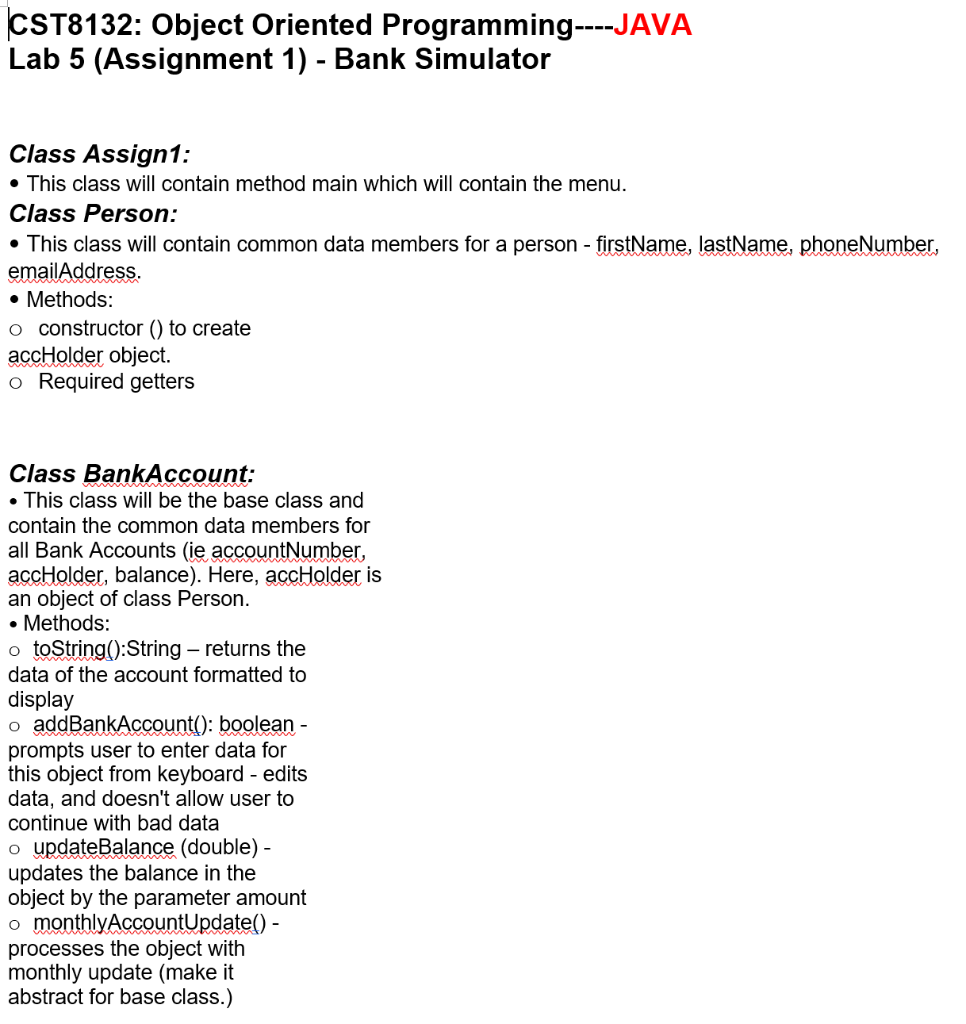  ST8132: Object Oriented Programming---JAVA Lab 5 (Assignment 1) Bank Simulator Class
