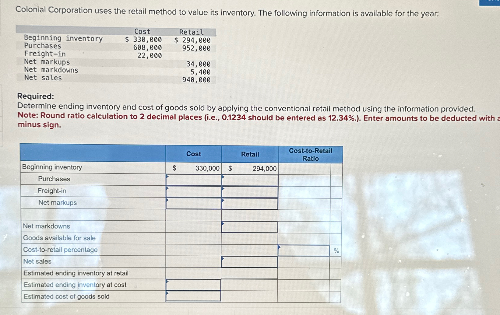  Colonial Corporation uses the retail method to value its inventory. The