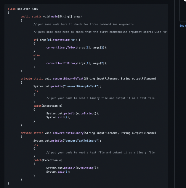 class public static void main(String[] args) public static void convertTextToBinary(String inputFilename, String