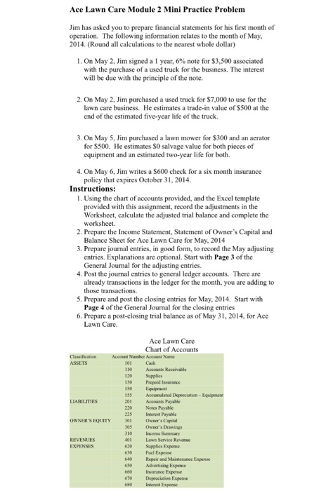  Ace Lawn Care Module 2 Mini Practice Problem Jim has asked