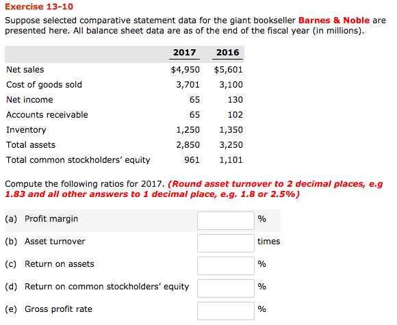  Exercise 13-10 Suppose selected comparative statement data for the giant bookseller