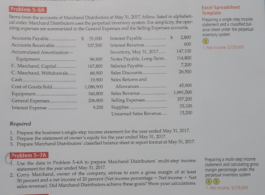  Excel Spreadsheet Template Preparing a single-step income Problem 5-6A Items from