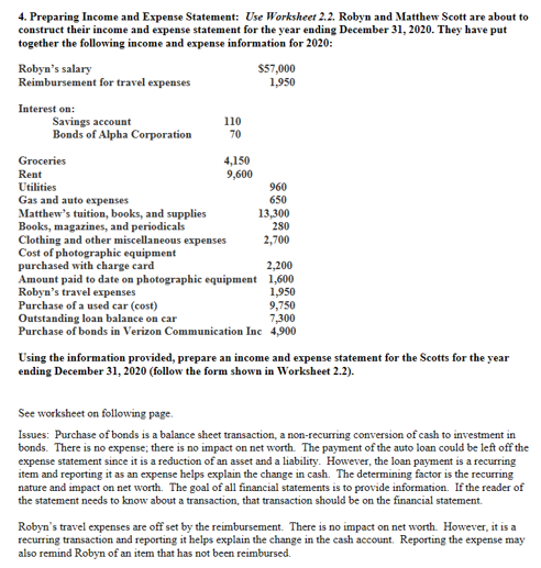  4. Preparing Income and Expense Statement: Use Worksheet 2.2. Robyn and