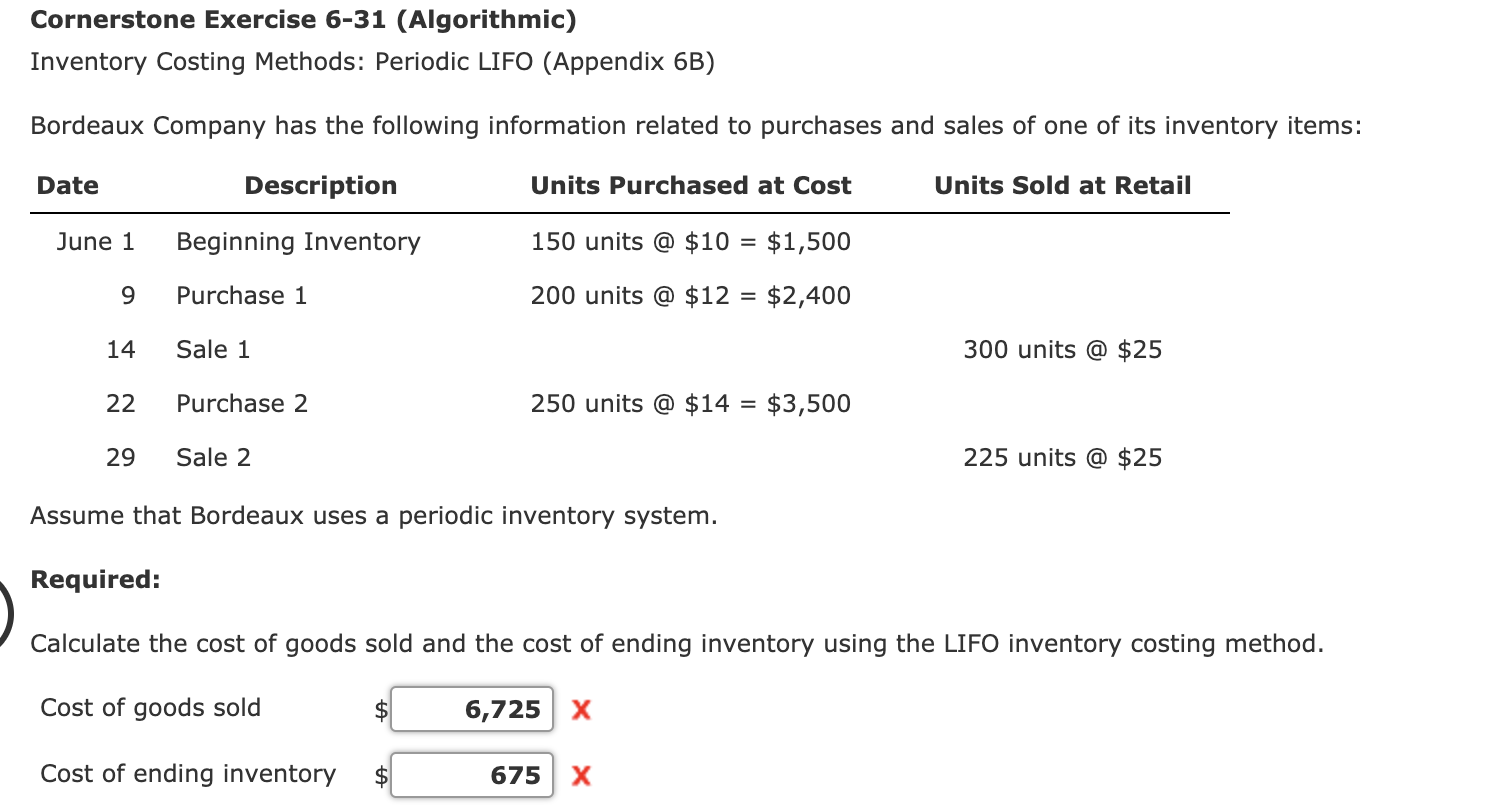  Cornerstone Exercise 6-31 (Algorithmic) Inventory Costing Methods: Periodic LIFO (Appendix 6B)