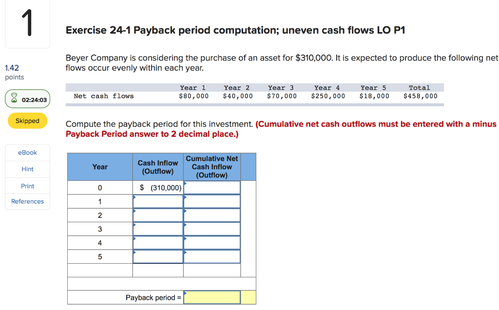  1 Exercise 24-1 Payback period computation; uneven cash flows LO P1