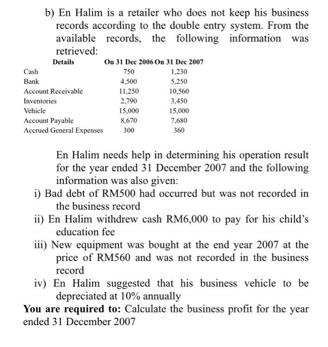  b) En Halim is a retailer who does not keep his