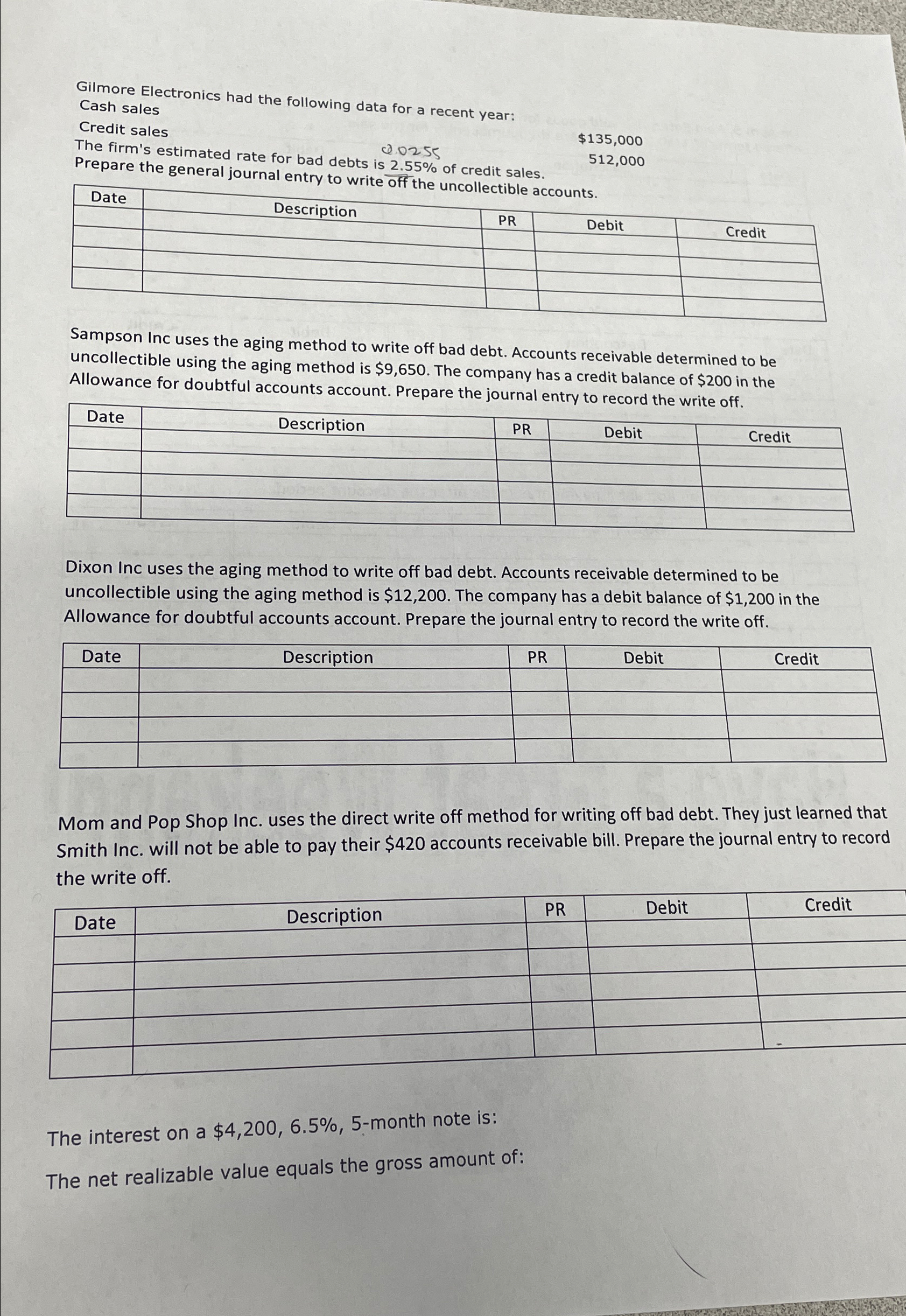  Gilmore Electronics had the following data for a recent year: Cash