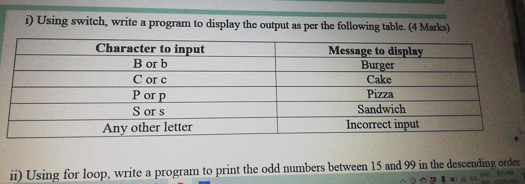  Computer programming i) Using switch, write a program to display the