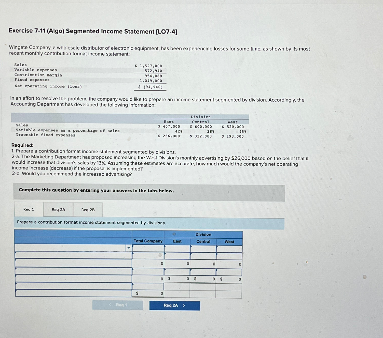  Exercise 7-11(Algo) Segmented Income Statement [LO7-4] Wingate Company, a wholesale distributor