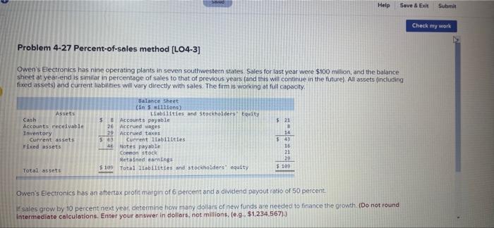  Help Save & Exit Submit Check my work Problem 4-27 Percent-of-sales