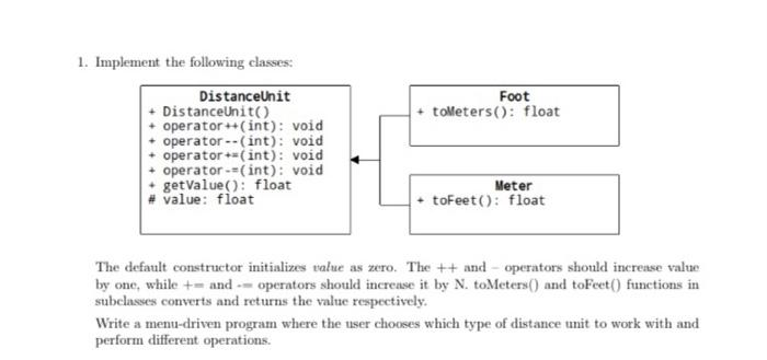 (C++) Foot + tolleters(): float 1. Implement the following classes. DistanceUnit +