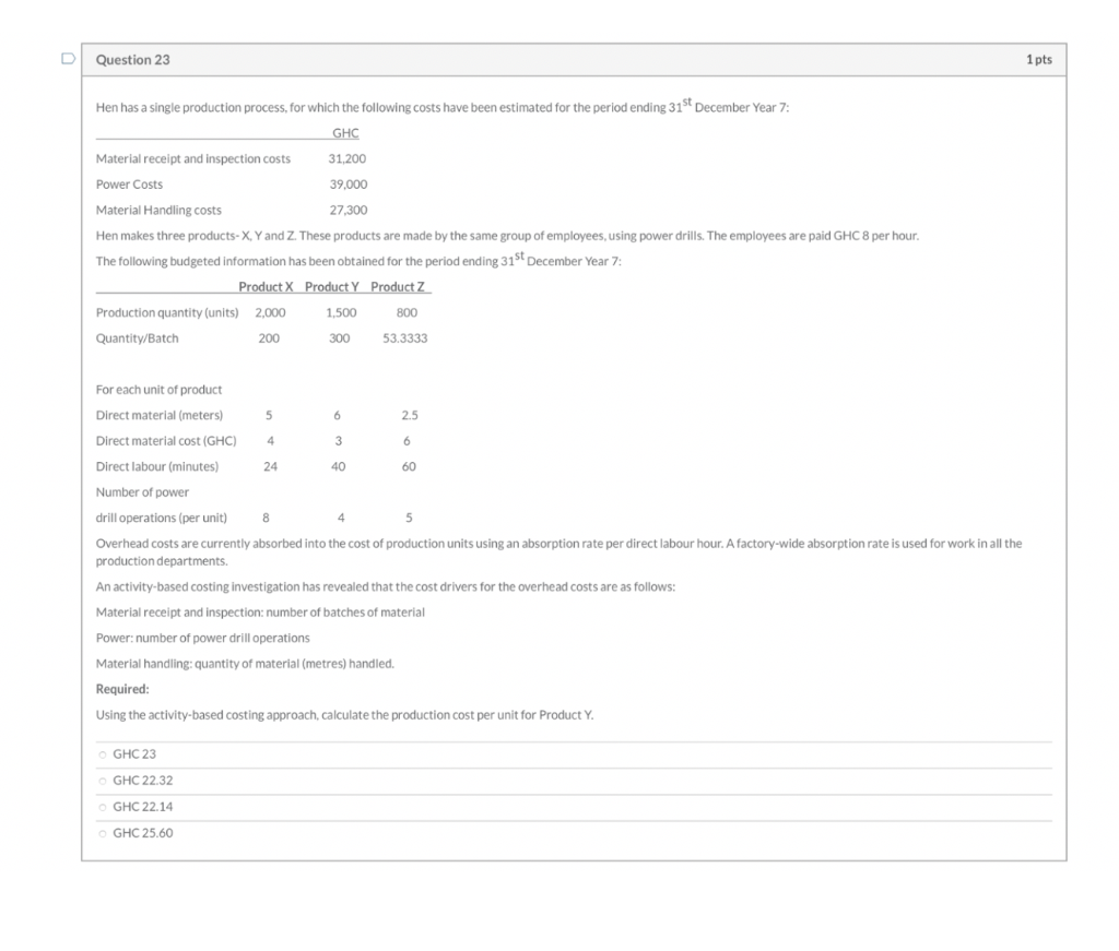  D Question 23 1 pts Hen has a single production process,