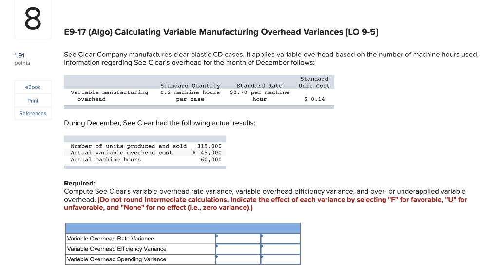  00 E9-17 (Algo) Calculating Variable Manufacturing Overhead Variances [LO 9-5] 1.91