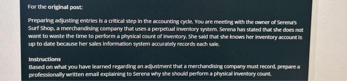  For the original post: Preparing adjusting entries is a critical step