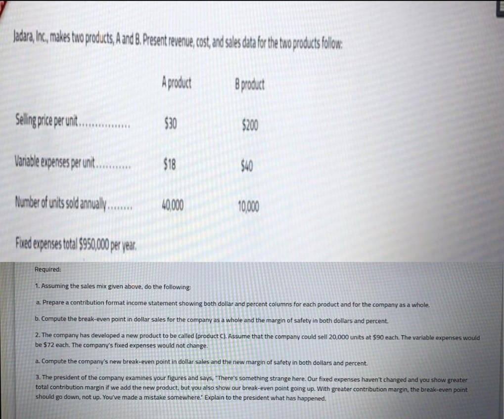 Jadara , Inc, makes two products , A and B. Present