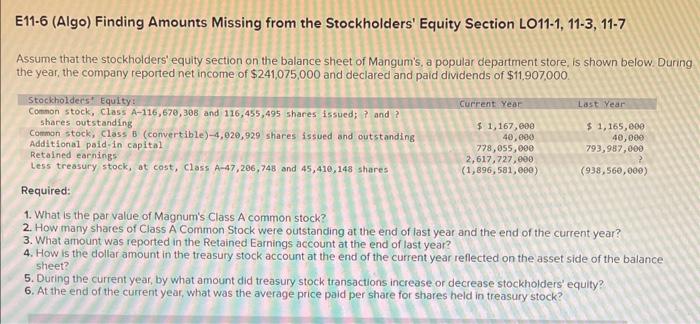  E11-6 (Algo) Finding Amounts Missing from the Stockholders' Equity Section LO11-1,