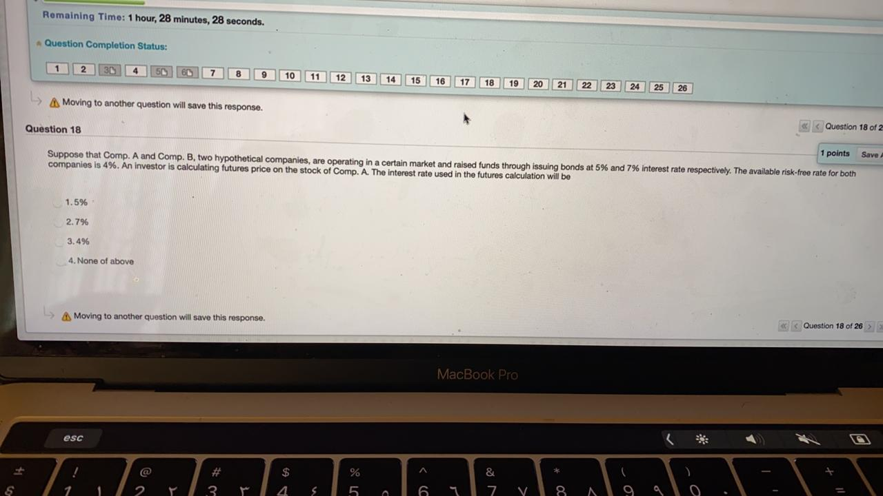 Remaining Time: 1 hour, 28 minutes, 28 seconds. Question Completion Status: