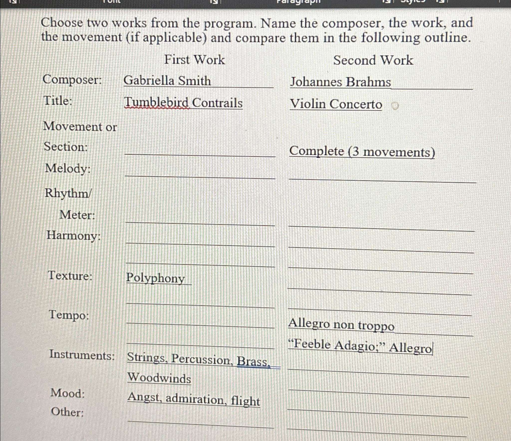  Choose two works from the program. Name the composer, the work,