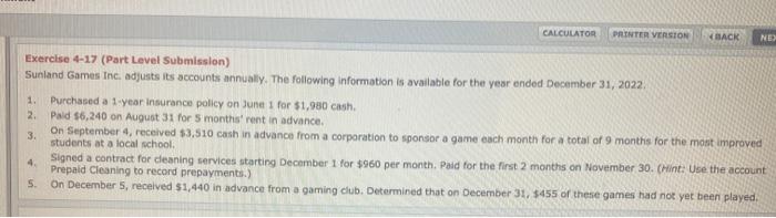  CALCULATOR PRINTER VERSION BACK NE Exercise 4-17 (Part Level Submission) Sunland