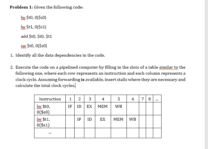 Problem 1: Given the following code: w St1, 0($s1) add $to,