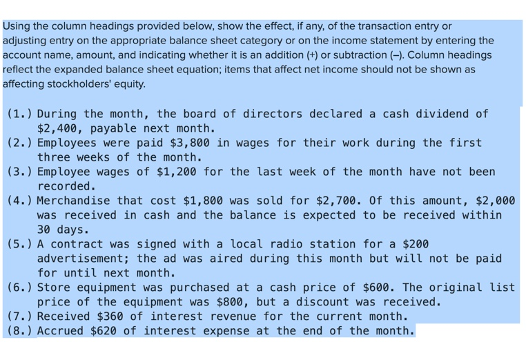  Using the column headings provided below, show the effect, if any,