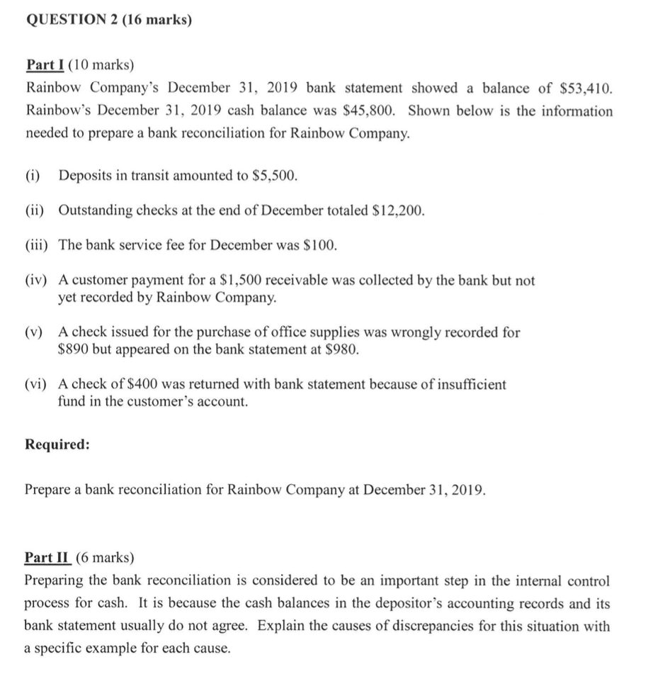 QUESTION 2 (16 marks) Part I (10 marks) Rainbow Company's December
