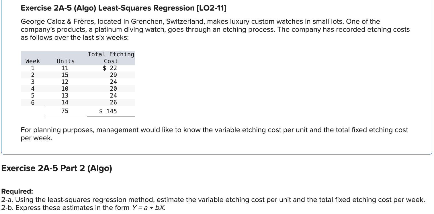 Exercise 2A-5(Algo) Least-Squares Regression [LO2-11] George Caloz & Frres, located in