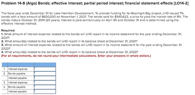  Problem 14-8 (Algo) Bonds; effective interest; partial period interest; financial statement