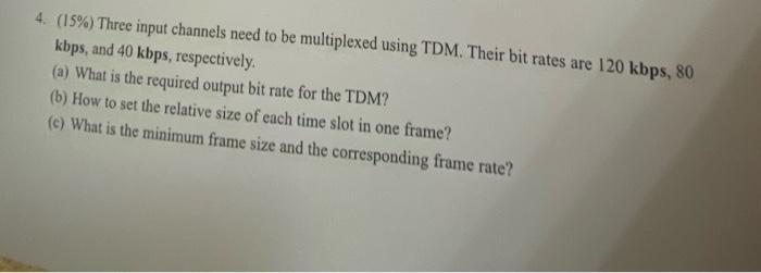  (15%) Three input channels need to be multiplexed using TDM. Their