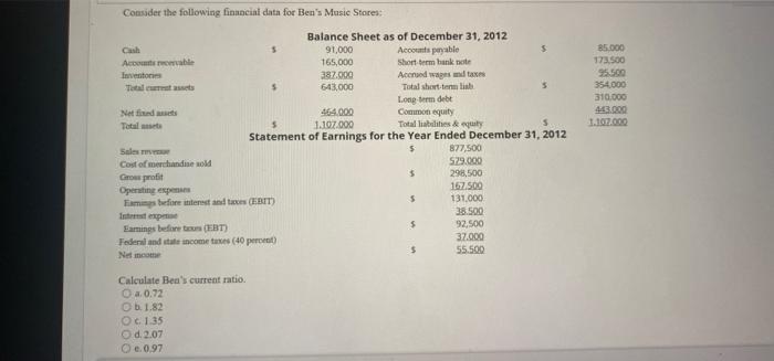  please answer all questions!!!!!!!!!!! Consider the following financial data for Ben's