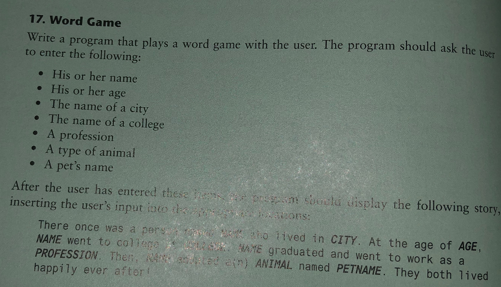 JAVA 17. Word Game ser rite a program that plays a word