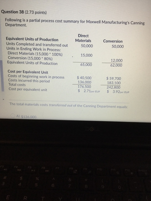  Question 38 (2.73 points) Following is a partial process cost summary