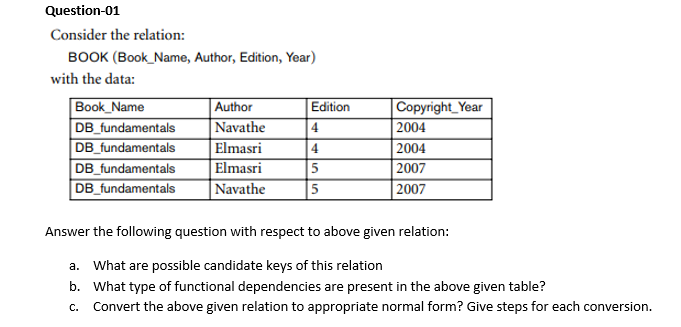 Database Management System Question-01 Consider the relation: BOOK (Book_Name, Author, Edition, Year)