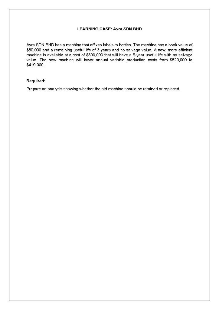  LEARNING CASE: Ayra SDN BHD Ayra SDN BHD has a machine