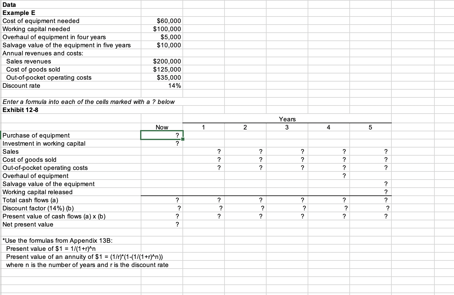 Data Example E Cost of equipment needed Working capital needed Overhaul