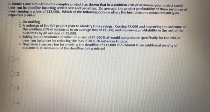  A Monte Carlo simulation of a complex project has shown that