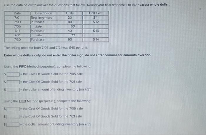  Use the data below to answer the questions that follow. Round