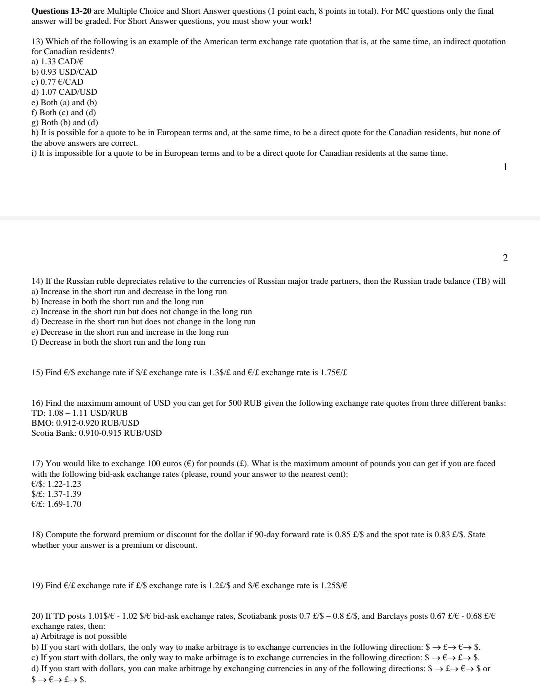  Questions 13-20 are Multiple Choice and Short Answer questions (1 point