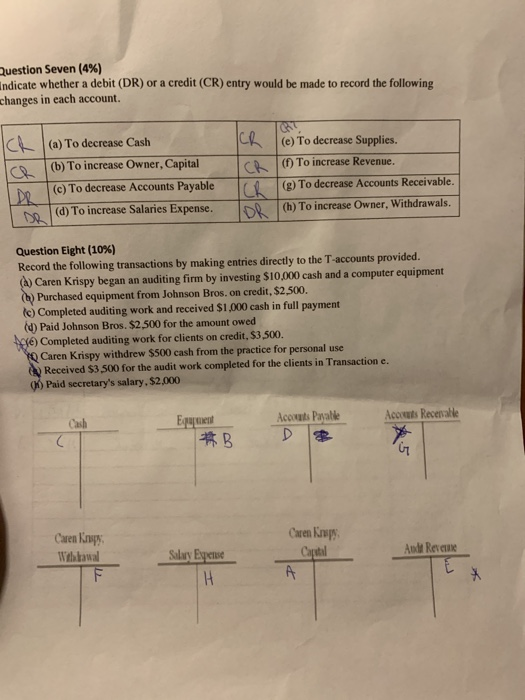  Question Seven (4%) indicate whether a debit (DR) or a credit