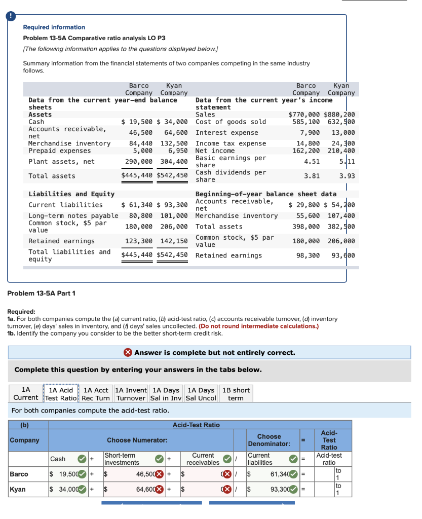 Required information Problem 13-5A Comparative ratio analysis LO P3 [The following