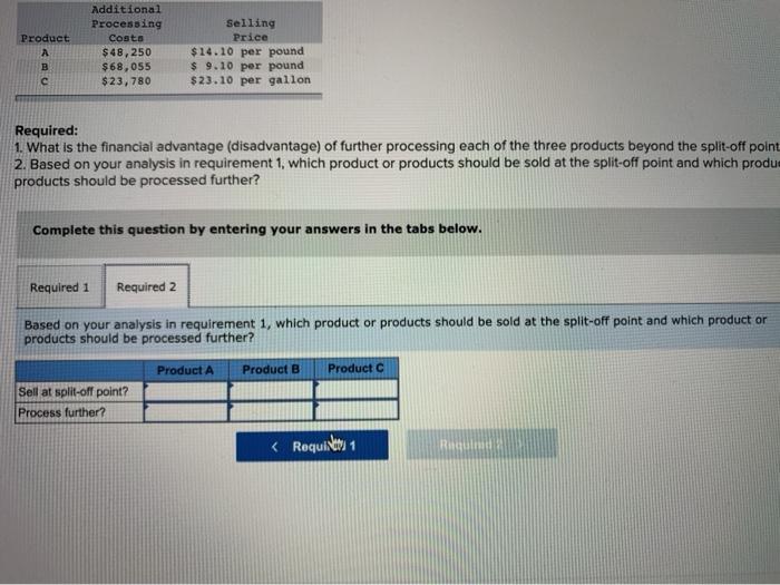 processing operation Joint processing costs up to the split-off point total $300,000