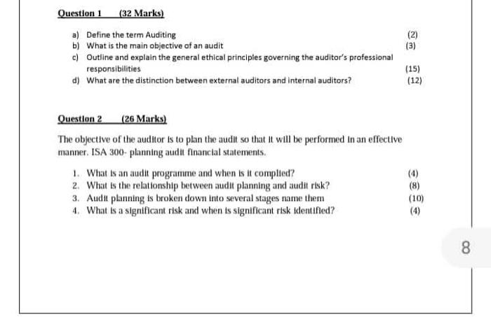  (2) Question 1 (32 Marks) a) Define the term Auditing b)