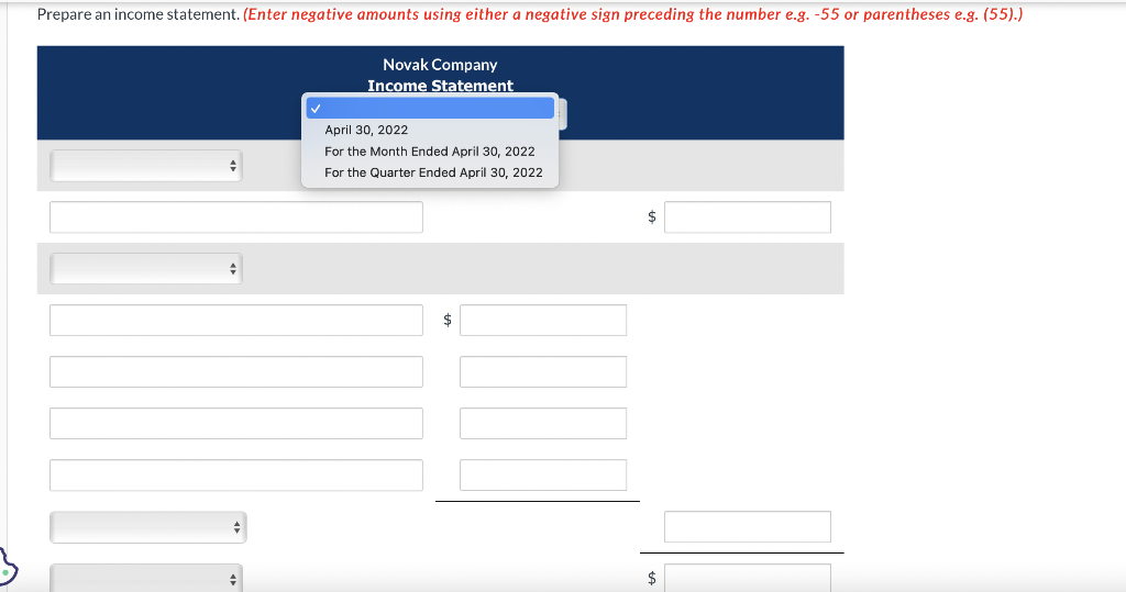 Expense 90 Interest Payable Totals Prepare an income statement. (Enter negative amounts
