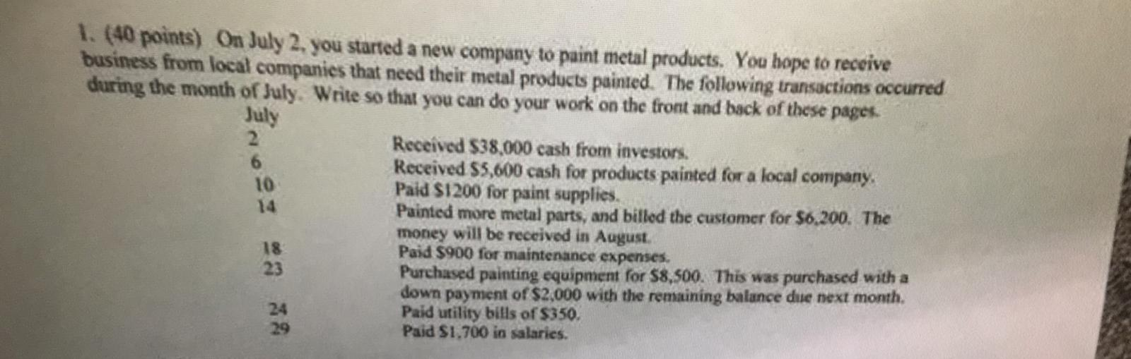  1. (40 points) On July 2, you started a new company