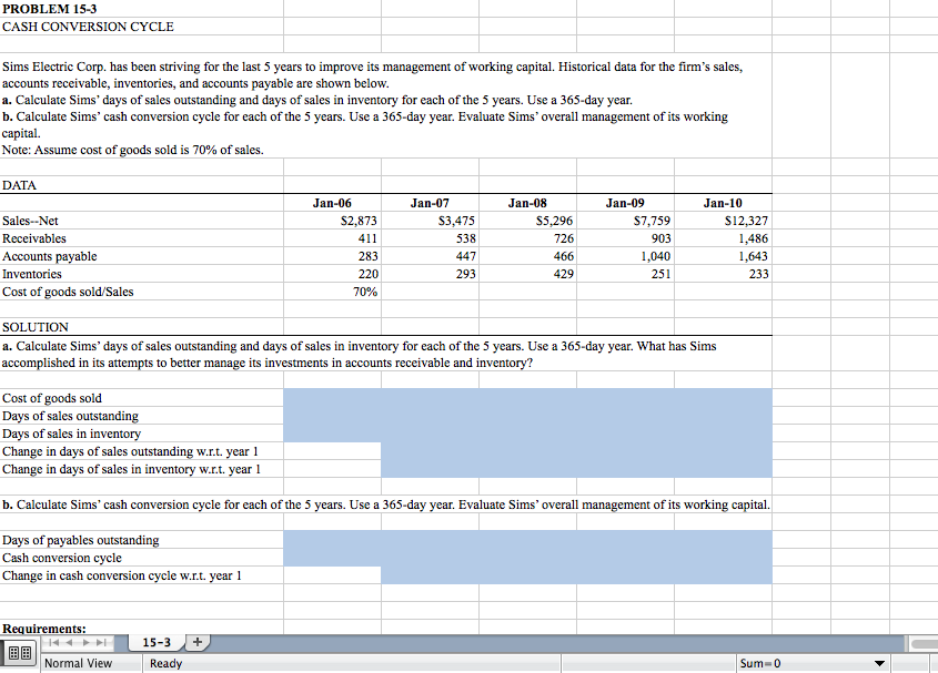 PROBLEM 15-3 CASH CONVERSION CYCLE Sims Electric Corp. has been striving