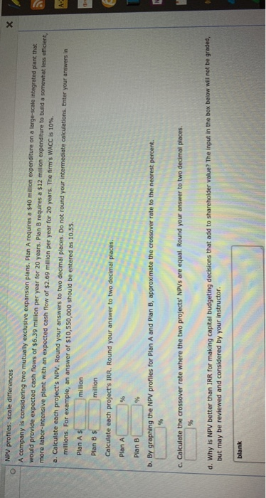  NPV profiles: scale differences A company is considering two mutually exclusive