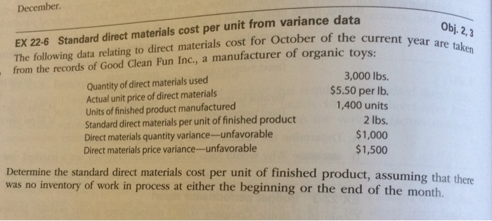  December EX 22-6 Standard direct materials cost per unit from variance